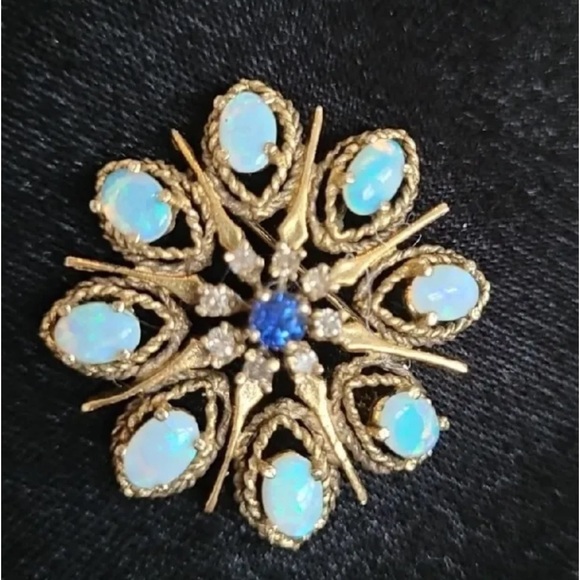 VINTAGE ANTIQUE DECO 14k Yellow Gold Opal Starburst Cluster Pin / Pendant. - Picture 2 of 3